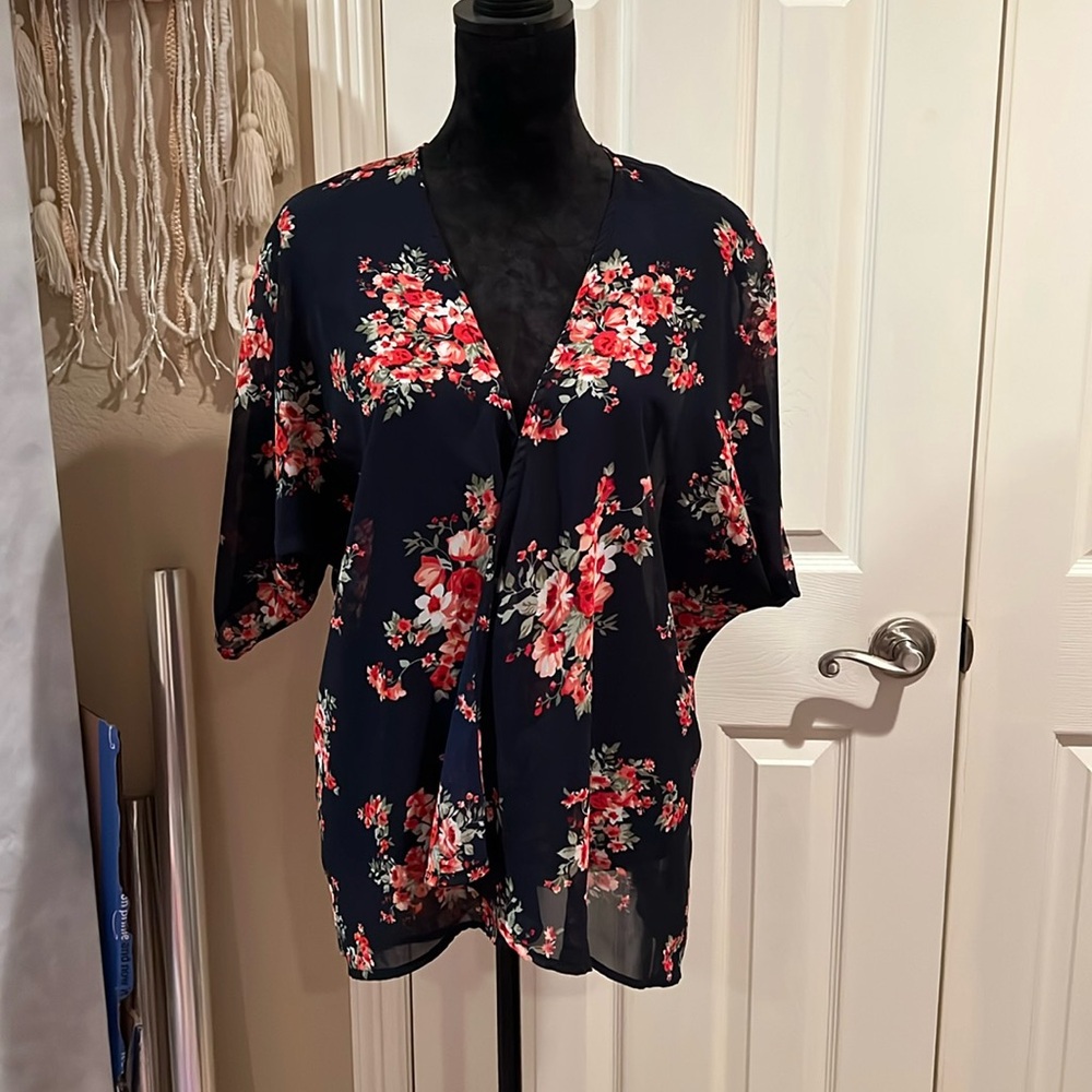 Floral Print Lightweight Chiffon Kimono Cardigan Short Sleeve Large